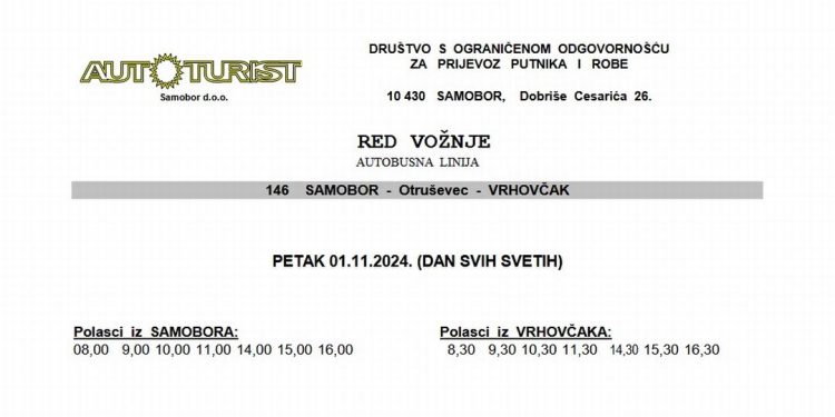 Prilagođen vozni red Autoturista za blagdan Svih svetih